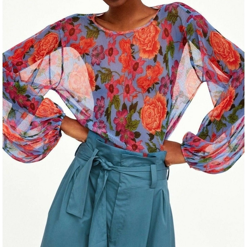 Zara Semi-Sheer Peasant Boho Multicolored Floral Print Pleated Blouse Size Med